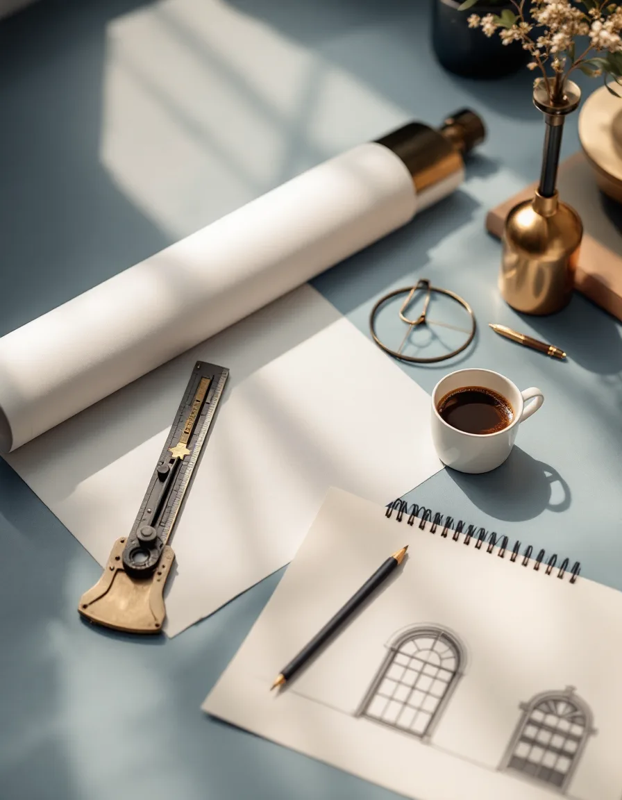 Drafting desk with a pencil sketch, architect’s scale and a coffee ring on vellum