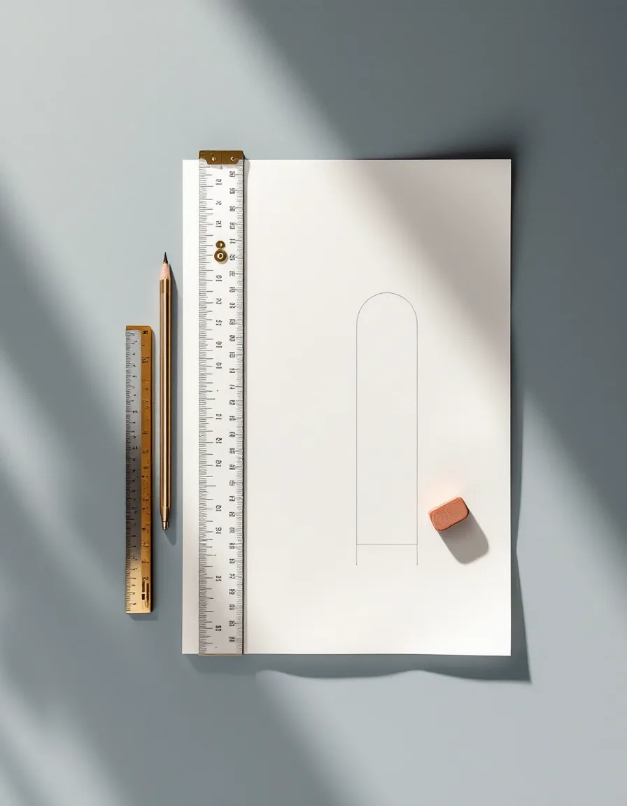 Architect’s scale, mechanical pencil and drafting vellum with an arched window elevation on a blue-grey backdrop