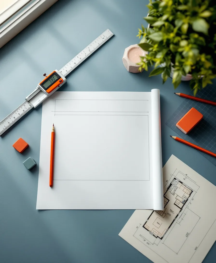 Architect’s scale, pencil and drafting vellum with an arched window elevation on a blue-grey desk
